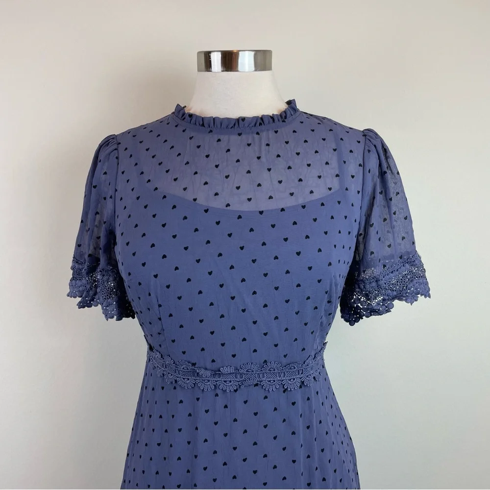 Aqua Blue Black Hearts Ruffle Lace Dress Women Size Small